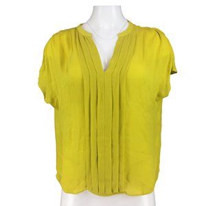 La Fee Verte Blouse Silk V Neck Pleated Short Sleeve Green Yellow Womens M